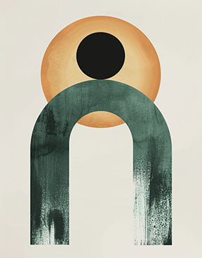 Wadi Home abstract wall art with teal arch, ochre circle, and black accent on cream background.