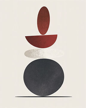 Wadi Home abstract geometric stacked shapes wall art in red, grey, and black on a cream background, framed with MDF and glass.