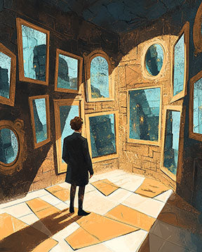 Wadi Home artwork: Man in suit surrounded by mirrors in a surreal room, modern wall art.