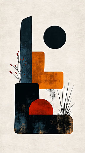 Wadi Home abstract geometric wall art with navy, burnt orange, black shapes and red circle on textured cream background.