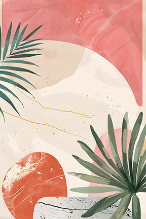 Wadi Home abstract botanical artwork with green palm leaves, coral shapes, and beige background. Modern tropical wall art.