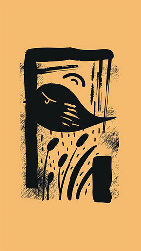 Wadi Home abstract black bird and plant art print on ochre background, modern graphic design.
