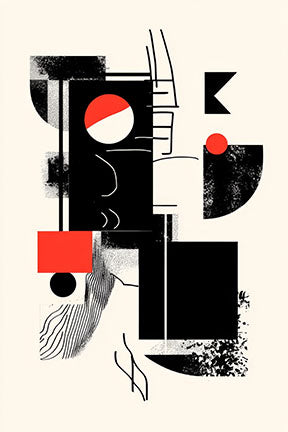 Wadi Home abstract geometric wall art with black, red, and cream shapes. Modern minimalist design.