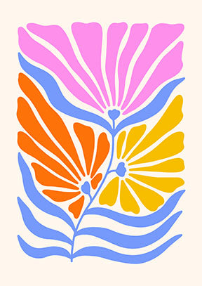 Wadi Home abstract floral botanical wall art with pink, orange, yellow flowers and blue wavy accents on cream background.