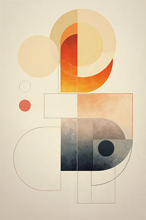 Wadi Home abstract geometric wall art with warm oranges, deep blues, and creams. Features circles, lines, and organic shapes.
