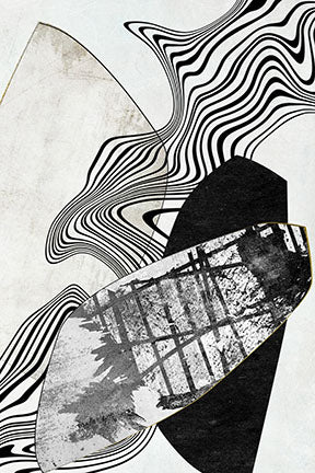 Wadi Home abstract geometric wall art with black, white, and neutral tones, featuring wavy lines and organic shapes.