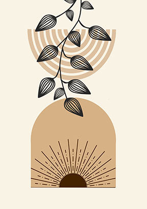 Wadi Home abstract botanical arch wall art with earthy tones and a sunburst motif.