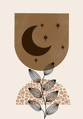 Wadi Home abstract celestial botanical wall art with crescent moon, stars, and plant in brown and cream.