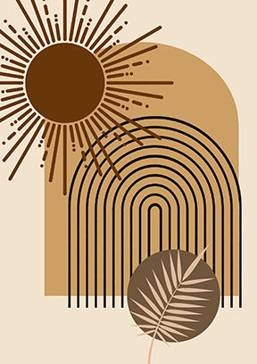 Wadi Home abstract sun and arch wall art with earth tones and leaf accent.