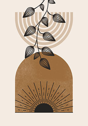 Wadi Home abstract botanical arch wall art in terracotta, cream, and black. Features sunburst and arch motifs with a hanging vine.