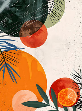 Wadi Home Abstract Citrus Botanical Wall Art with orange circles, green foliage, and palm leaves.