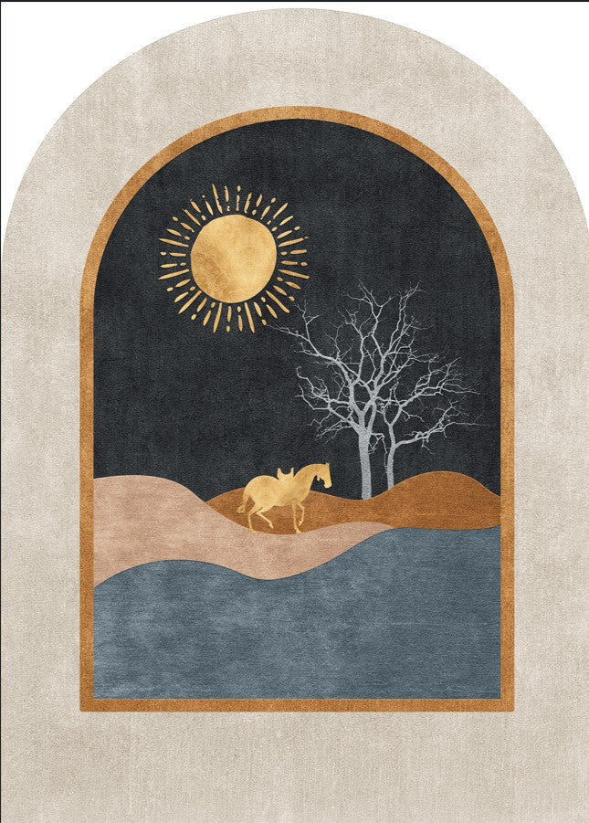 Wadi Home abstract arch landscape wall art with golden sun, tree, horse, beige, brown, and blue tones.