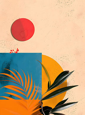 Wadi Home Abstract Botanical Sunburst Wall Art with red sun, orange, blue, and green botanical elements.
