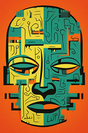 Wadi Home abstract tribal face wall art in yellow, teal, and orange geometric design. Modern wall hanging.