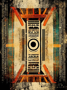Wadi Home abstract geometric wall art with earthy tones, black, orange, and distressed textures.