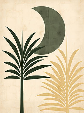 Wadi Home Abstract Botanical Moon Wall Art with green crescent moon and palm fronds in deep green and ochre.