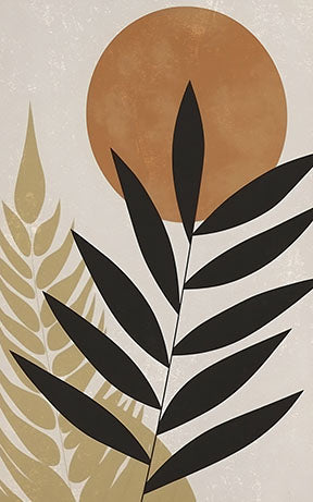 Wadi Home Abstract Botanical Sun Wall Art featuring black leaves and a burnt orange sun on a cream background.