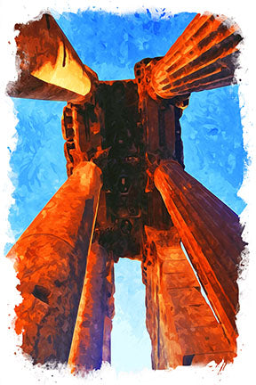 Wadi Home abstract wall art depicting ancient columns in warm earthy tones against a vivid blue sky, painterly style.