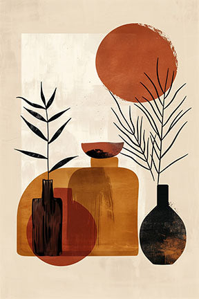 Wadi Home abstract botanical vase wall art in terracotta and black, modern minimalist design.