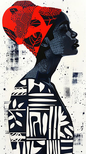 Wadi Home abstract wall art of a woman in profile wearing a red headwrap and patterned clothing. Monochromatic with red accent.
