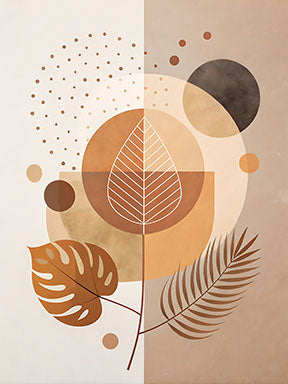 Wadi Home abstract botanical geometric wall art in warm browns and beiges, featuring leaf motifs and circles.