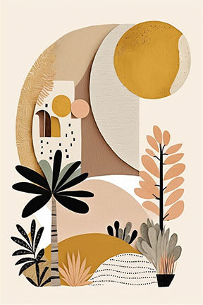 Wadi Home abstract botanical landscape art with warm earthy tones, featuring stylized plants and a sun motif. Framed print with glossy finish.