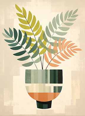 Wadi Home abstract botanical plant in a vase wall art with green, orange, and cream leaves.