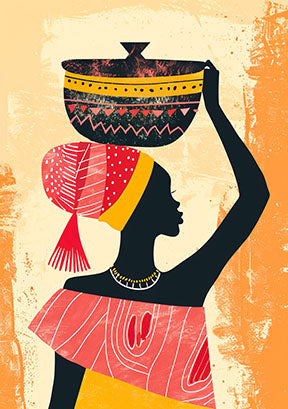 Wadi Home African woman carrying a basket wall art, silhouette in red, yellow, and black against textured orange background.
