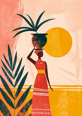 Wadi Home abstract wall art of a woman in a red dress carrying a pot on her head, with tropical leaves and a sun.