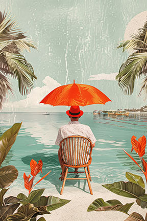 Wadi Home tropical beach scene wall art with person under orange umbrella, palm trees, and ocean view.
