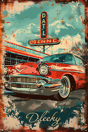 Wadi Home vintage red car diner metal wall art with distressed finish and vibrant colors.