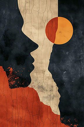 Wadi Home abstract profile sun wall art with terracotta, charcoal, and orange sun motif. Modern minimalist design.