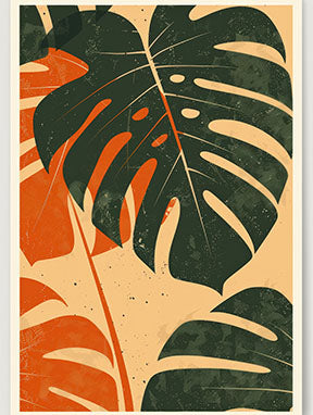 Wadi Home abstract Monstera leaf art in deep green and orange on a neutral background, modern botanical style.