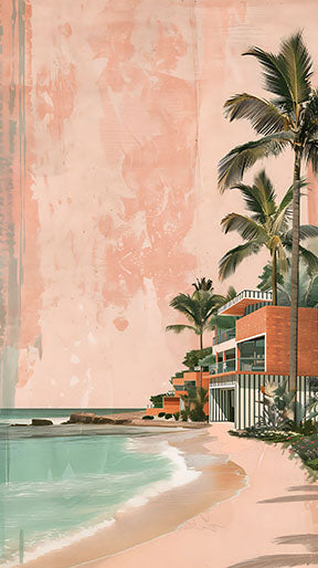 Wadi Home Coastal Palm Beach Artwork: Tropical beach scene with palm trees, turquoise ocean, sandy shore, and peachy background.