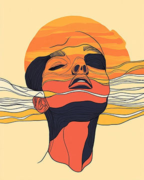 Wadi Home abstract face wall art with sunburst lines in orange, yellow, and blue. Modern line drawing.