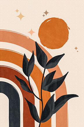 Wadi Home Bohemian Rainbow and Sun Wall Art with abstract design, terracotta, burnt orange, navy, and botanical elements.