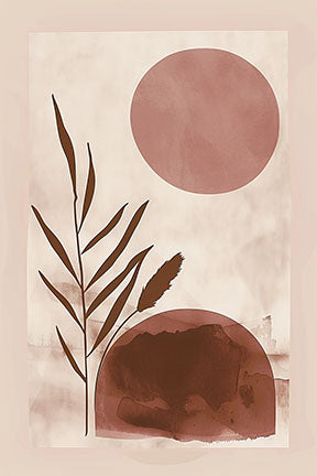 Wadi Home abstract botanical sunburst wall art in earthy tones with minimalist design. Features a pink sun and brown botanical elements.