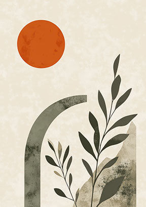 Wadi Home abstract botanical archway wall art with terracotta sun, muted greens, and beige tones.