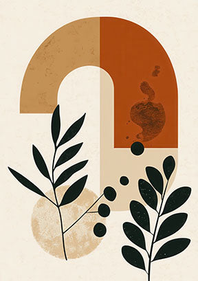 Wadi Home abstract botanical archway wall art with terracotta, beige, and black geometric shapes and leaf motifs.
