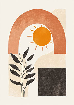 Wadi Home abstract wall art with orange arch, sun, botanical branch, and charcoal square on cream background.