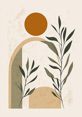 Wadi Home Abstract Botanical Archway Wall Art with earthy tones, green leaves, and a burnt orange sun.