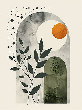 Wadi Home Abstract Arch Botanical Wall Art with muted greens, cream, and burnt orange. Modern minimalist design.