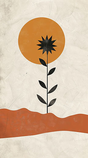 Wadi Home Abstract Desert Bloom Wall Art: black flower silhouette, orange sun, terracotta horizon on textured background.