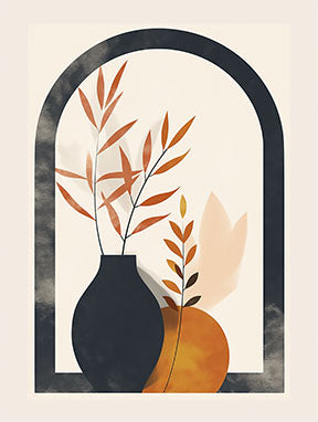 Wadi Home abstract botanical archway wall art with burnt orange leaves in a charcoal vase on a cream background.