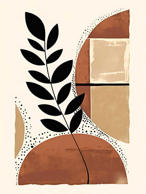 Wadi Home abstract botanical wall art with black leaf motif, terracotta, beige, and black shapes on cream background.