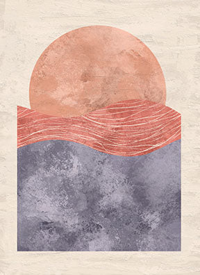 Wadi Home abstract wall art featuring a peachy sun over coral waves and muted blue sea. Minimalist, textured design.