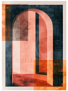 Wadi Home Abstract Archway Geometric Wall Art with coral, navy, and orange hues. Textured finish.