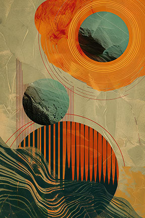 Wadi Home abstract geometric wall art with circles and lines in orange, teal, and earthy tones. Textured background.