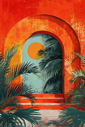 Wadi Home tropical archway art print with palm fronds and orange sun. Vibrant orange archway with lush green palm leaves and a bright orange sun against a teal sky.