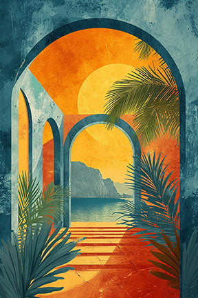 Wadi Home Archway Tropical Sunset Wall Art featuring vibrant oranges, blues, and greens, with archways framing a coastal view and palm fronds.